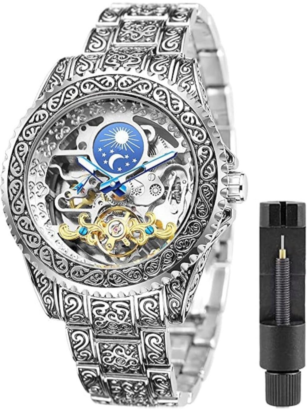 Men's Silver Automatic Skeleton Stainless Steel Band Stylish Mechanical Watch